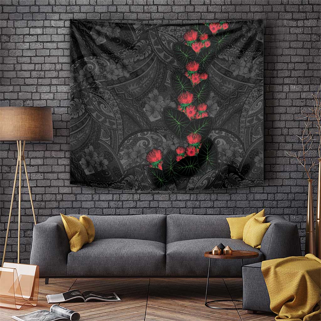 Hawaiian Taro Leaves and Ohia Lehua Tapestry Polynesian Tribal Art Tropical Plants Motifs Grayscale