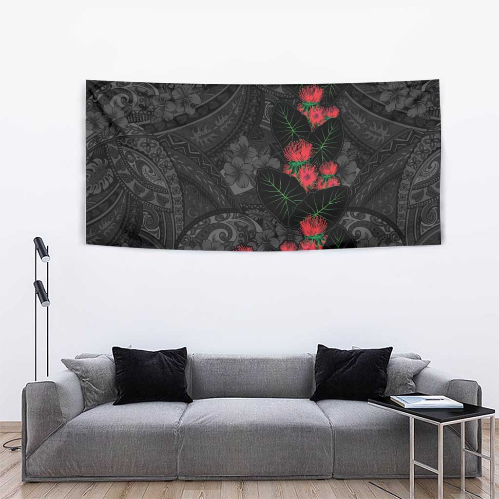 Hawaiian Taro Leaves and Ohia Lehua Tapestry Polynesian Tribal Art Tropical Plants Motifs Grayscale