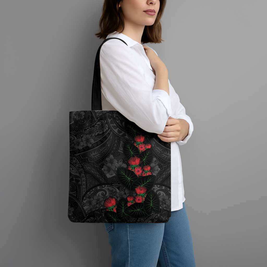 Hawaiian Taro Leaves and Ohia Lehua Tote Bag Polynesian Tribal Art Tropical Plants Motifs Grayscale LT03 - Polynesian Pride