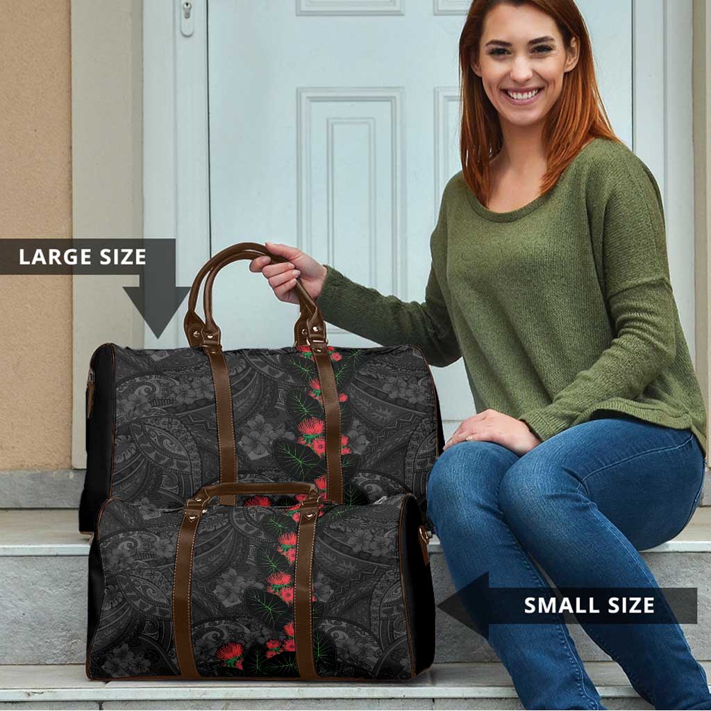 Hawaiian Taro Leaves and Ohia Lehua Travel Bag Polynesian Tribal Art Tropical Plants Motifs Grayscale LT03 - Polynesian Pride