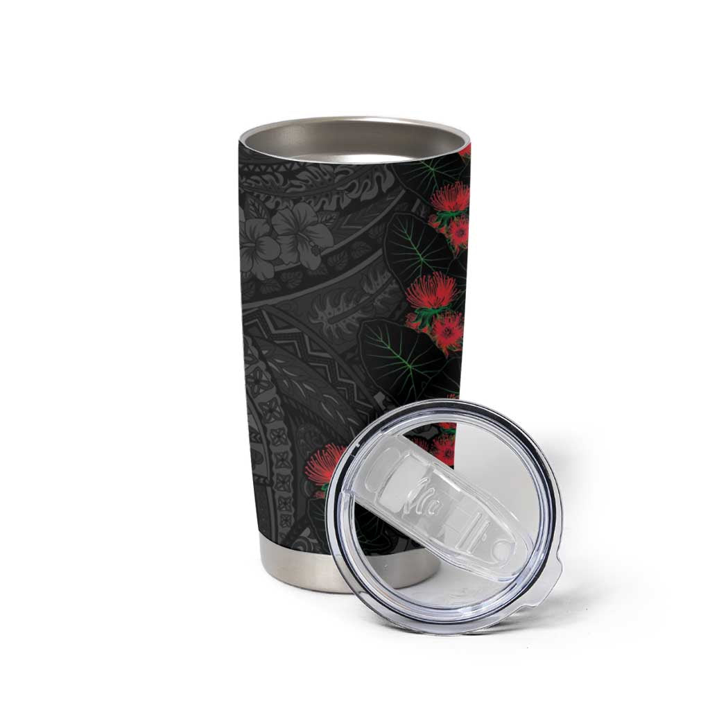 Hawaiian Taro Leaves and Ohia Lehua Tumbler Cup Polynesian Tribal Art Tropical Plants Motifs Grayscale LT03 - Polynesian Pride