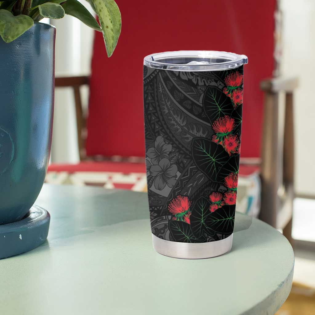 Hawaiian Taro Leaves and Ohia Lehua Tumbler Cup Polynesian Tribal Art Tropical Plants Motifs Grayscale LT03 - Polynesian Pride