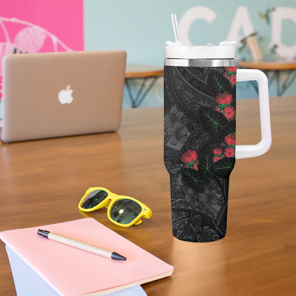 Hawaiian Taro Leaves and Ohia Lehua Tumbler With Handle Polynesian Tribal Art Tropical Plants Motifs Grayscale LT03 - Polynesian Pride