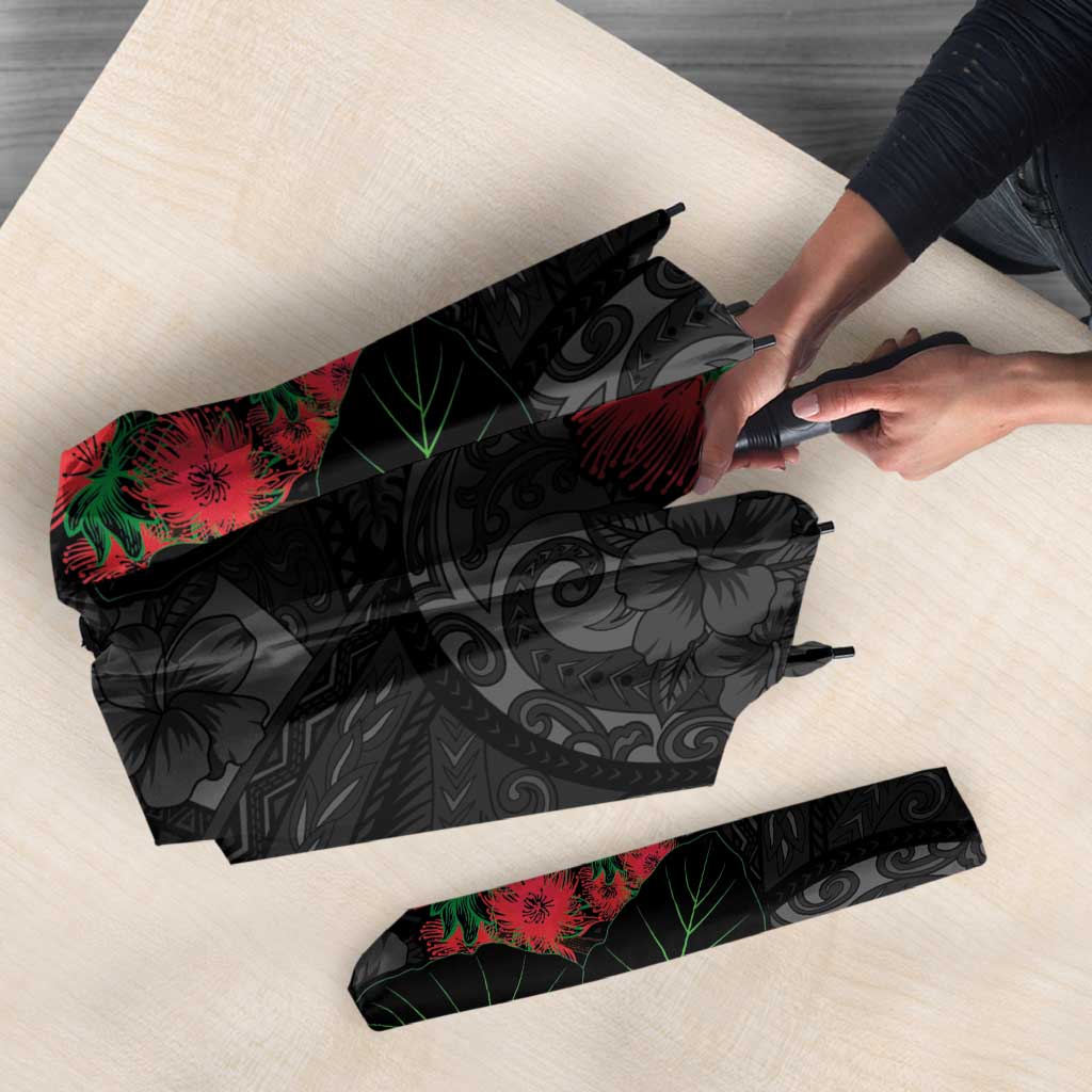 Hawaiian Taro Leaves and Ohia Lehua Umbrella Polynesian Tribal Art Tropical Plants Motifs Grayscale