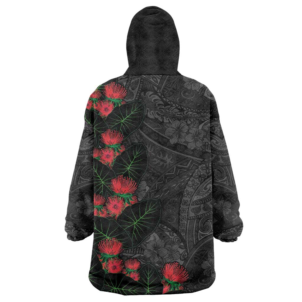 Hawaiian Taro Leaves and Ohia Lehua Wearable Blanket Hoodie Polynesian Tribal Art Tropical Plants Motifs Grayscale LT03 - Polynesian Pride
