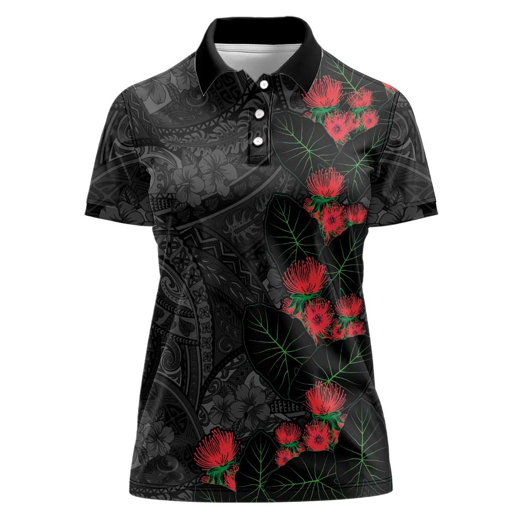 Hawaiian Taro Leaves and Ohia Lehua Women Polo Shirt Polynesian Tribal Art Tropical Plants Motifs Grayscale LT03 Female Multicolor - Polynesian Pride