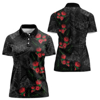Hawaiian Taro Leaves and Ohia Lehua Women Polo Shirt Polynesian Tribal Art Tropical Plants Motifs Grayscale LT03 - Polynesian Pride