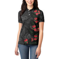Hawaiian Taro Leaves and Ohia Lehua Women Polo Shirt Polynesian Tribal Art Tropical Plants Motifs Grayscale LT03 - Polynesian Pride