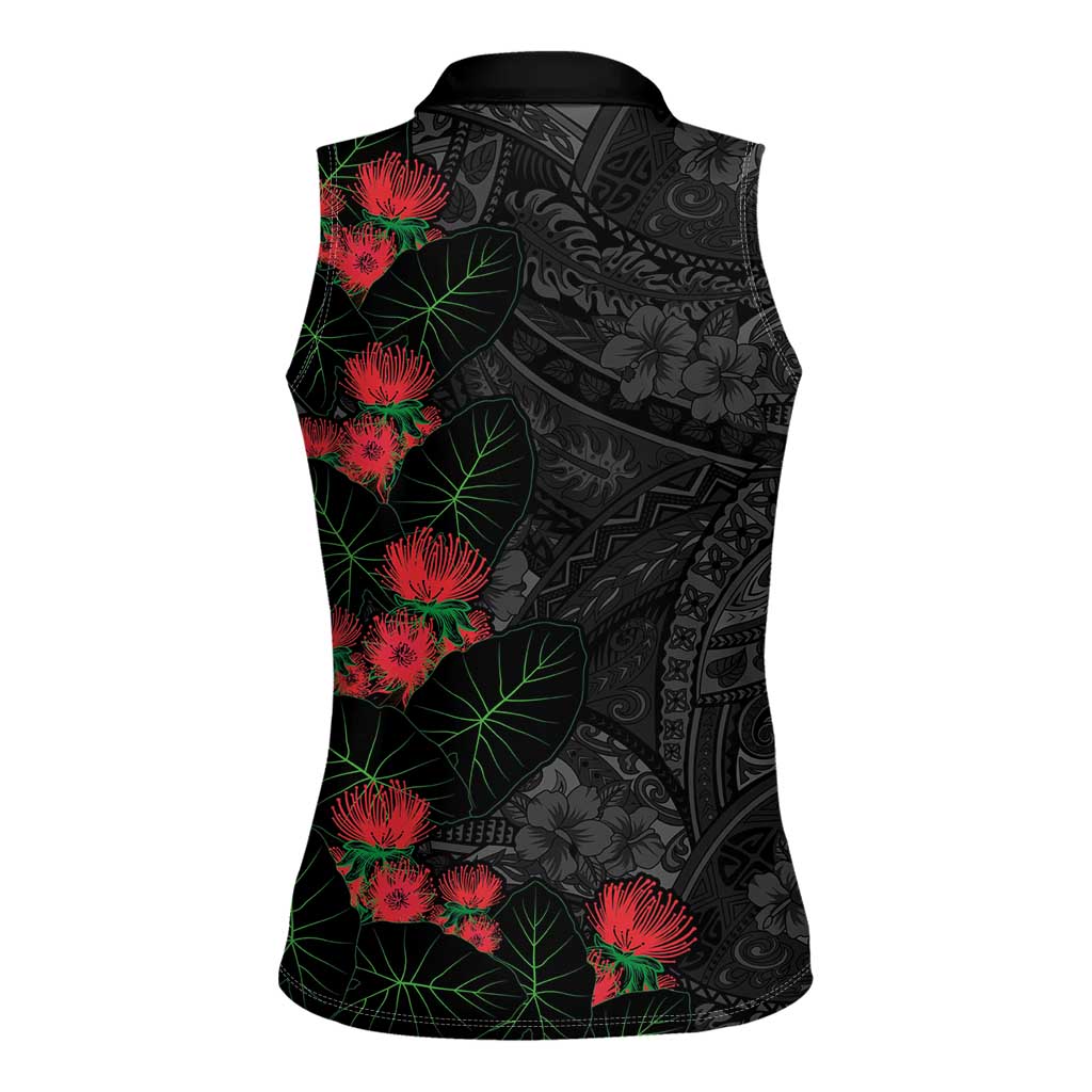 Hawaiian Taro Leaves and Ohia Lehua Women Sleeveless Polo Shirt Polynesian Tribal Art Tropical Plants Motifs Grayscale LT03 - Polynesian Pride