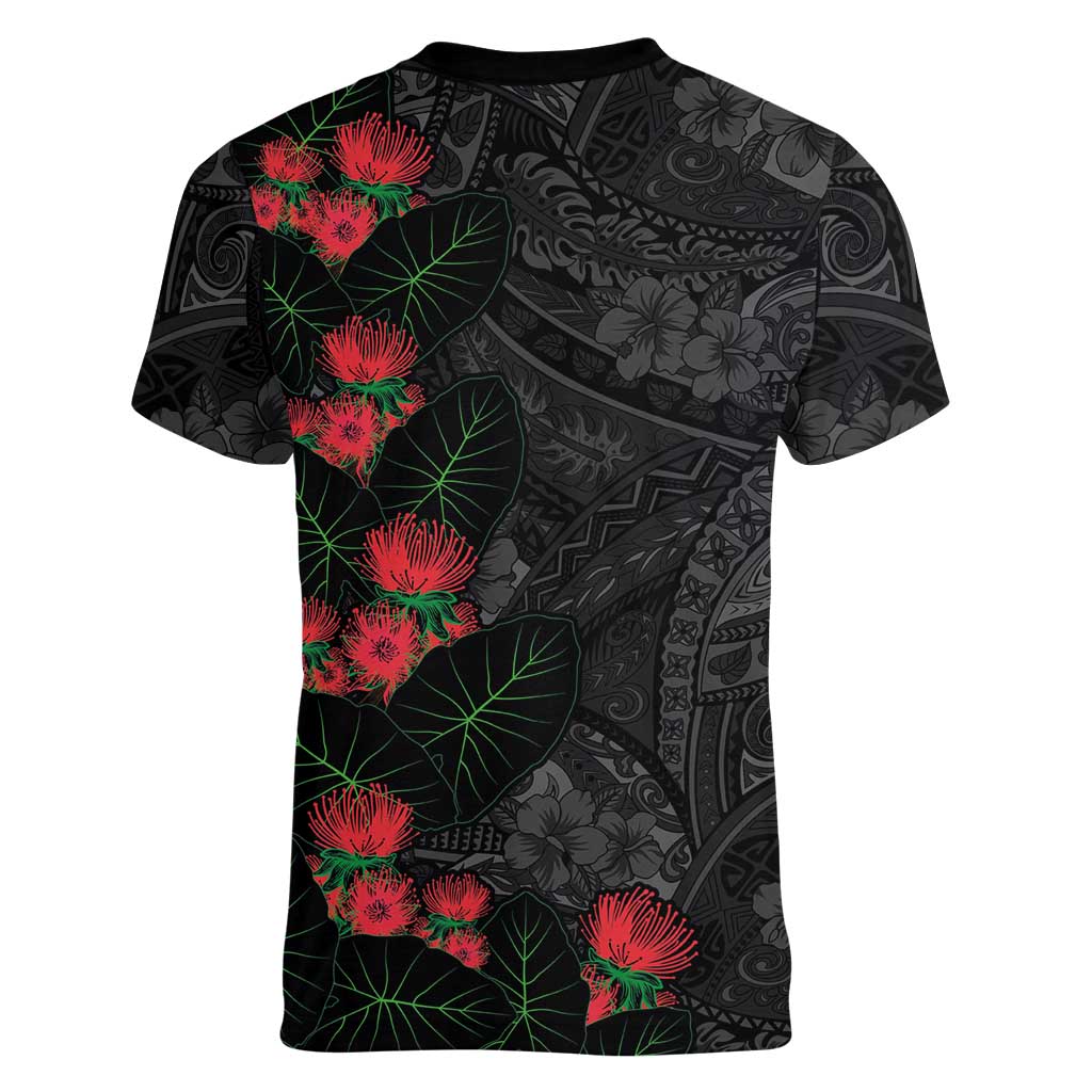 Hawaiian Taro Leaves and Ohia Lehua Women V-Neck T-Shirt Polynesian Tribal Art Tropical Plants Motifs Grayscale LT03 - Polynesian Pride