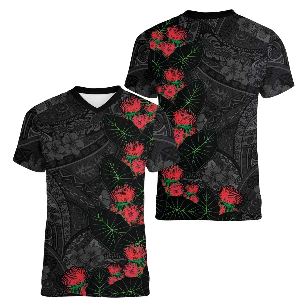 Hawaiian Taro Leaves and Ohia Lehua Women V-Neck T-Shirt Polynesian Tribal Art Tropical Plants Motifs Grayscale LT03 - Polynesian Pride