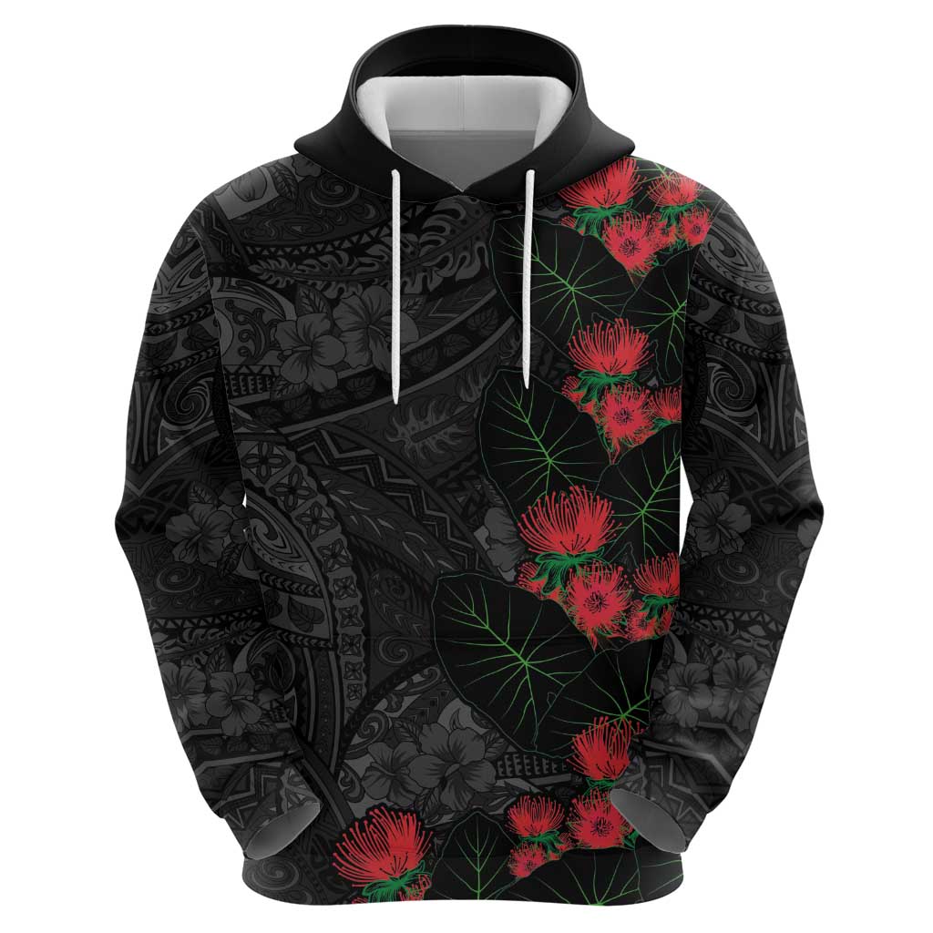 Hawaiian Taro Leaves and Ohia Lehua Zip Hoodie Polynesian Tribal Art Tropical Plants Motifs Grayscale LT03 - Polynesian Pride