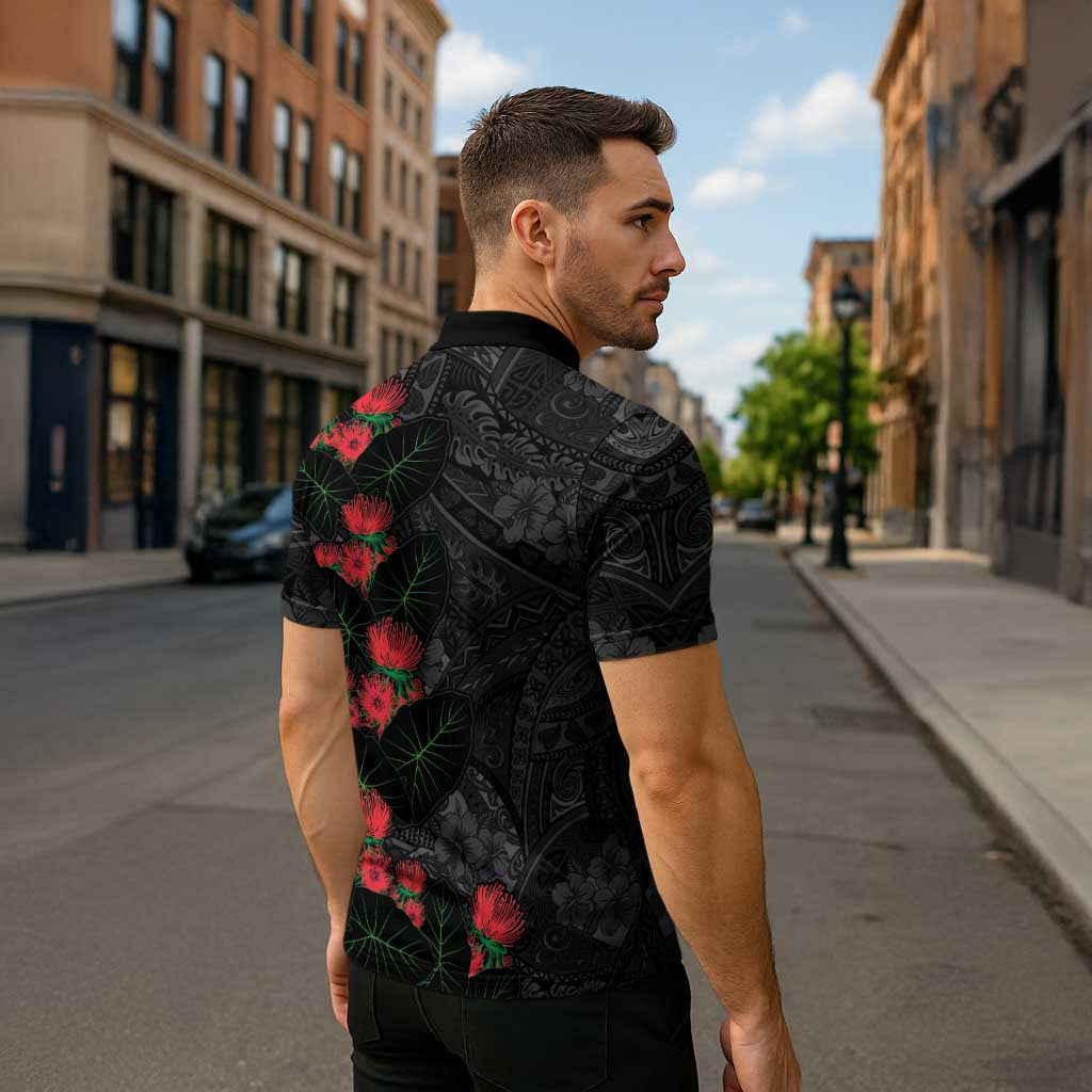 Hawaiian Taro Leaves and Ohia Lehua Zipper Polo Shirt Polynesian Tribal Art Tropical Plants Motifs Grayscale LT03 - Polynesian Pride