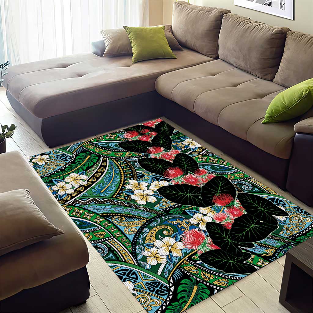 Hawaiian Taro Leaves and Ohia Lehua Area Rug Polynesian Tribal Art Tropical Plants Motifs Colorful LT03 - Polynesian Pride