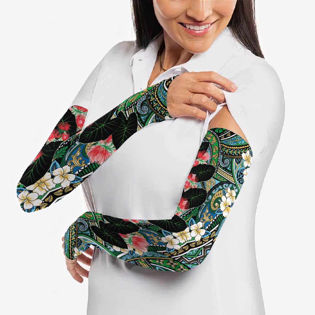 Hawaiian Taro Leaves and Ohia Lehua Arm Sleeves Polynesian Tribal Art Tropical Plants Motifs Colorful LT03 - Polynesian Pride