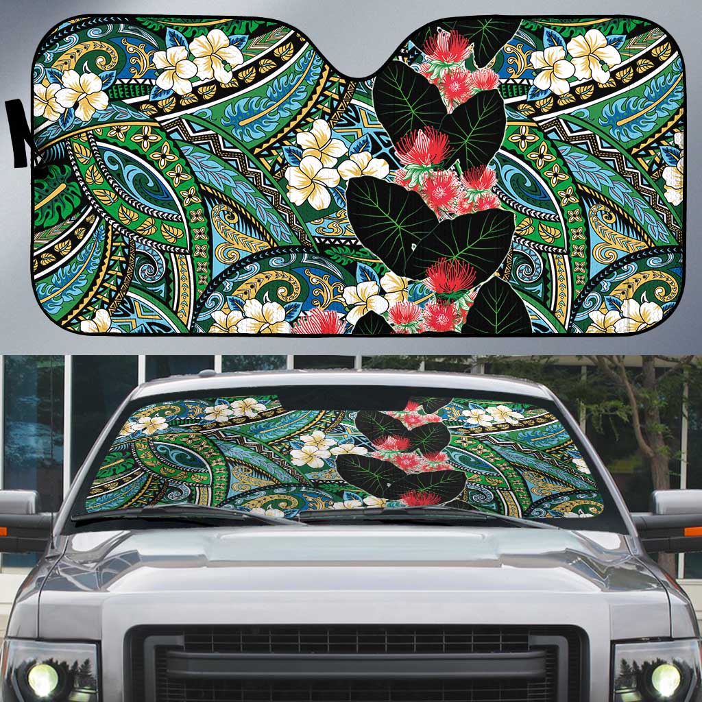 Hawaiian Taro Leaves and Ohia Lehua Auto Sun Shade Polynesian Tribal Art Tropical Plants Motifs Colorful