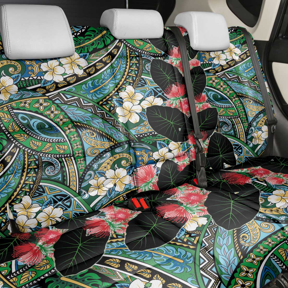 Hawaiian Taro Leaves and Ohia Lehua Back Car Seat Cover Polynesian Tribal Art Tropical Plants Motifs Colorful LT03 - Polynesian Pride