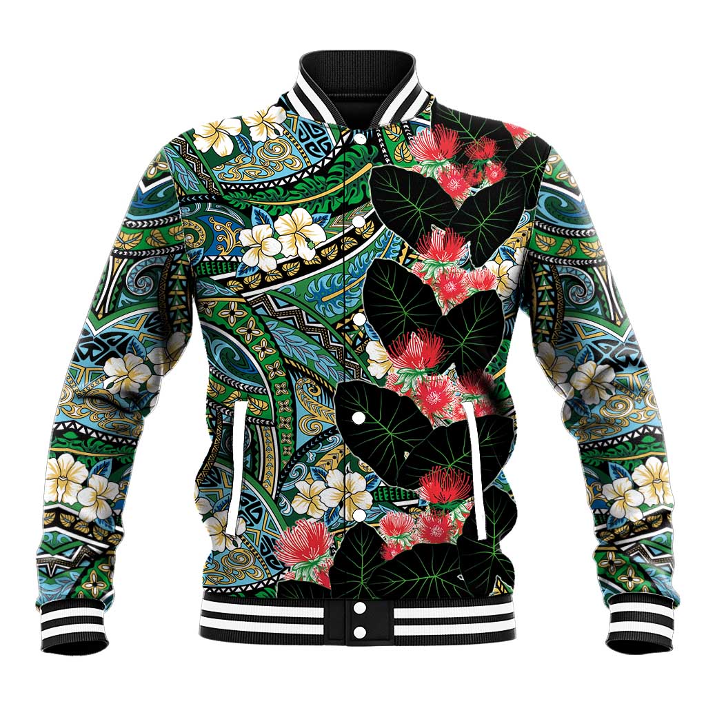 Hawaiian Taro Leaves and Ohia Lehua Baseball Jacket Polynesian Tribal Art Tropical Plants Motifs Colorful LT03 Unisex Multicolor - Polynesian Pride