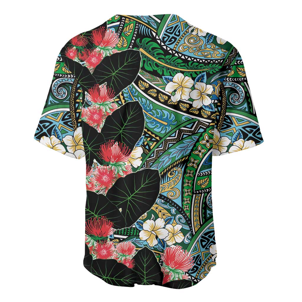 Hawaiian Taro Leaves and Ohia Lehua Baseball Jersey Polynesian Tribal Art Tropical Plants Motifs Colorful LT03 - Polynesian Pride