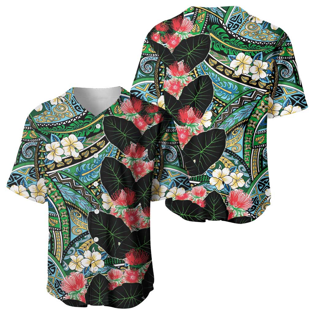 Hawaiian Taro Leaves and Ohia Lehua Baseball Jersey Polynesian Tribal Art Tropical Plants Motifs Colorful LT03 - Polynesian Pride