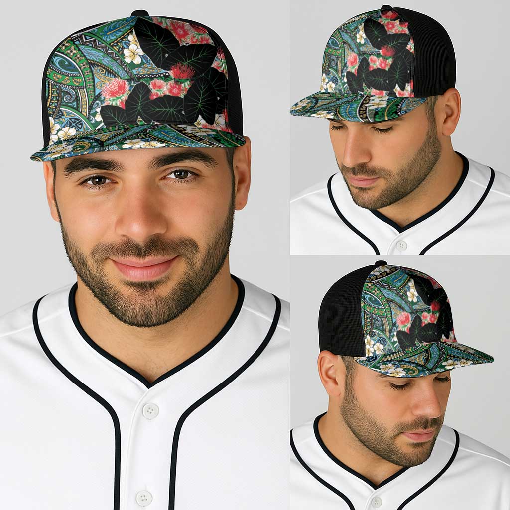 Hawaiian Taro Leaves and Ohia Lehua Baseball Net Cap Polynesian Tribal Art Tropical Plants Motifs Colorful LT03 - Polynesian Pride