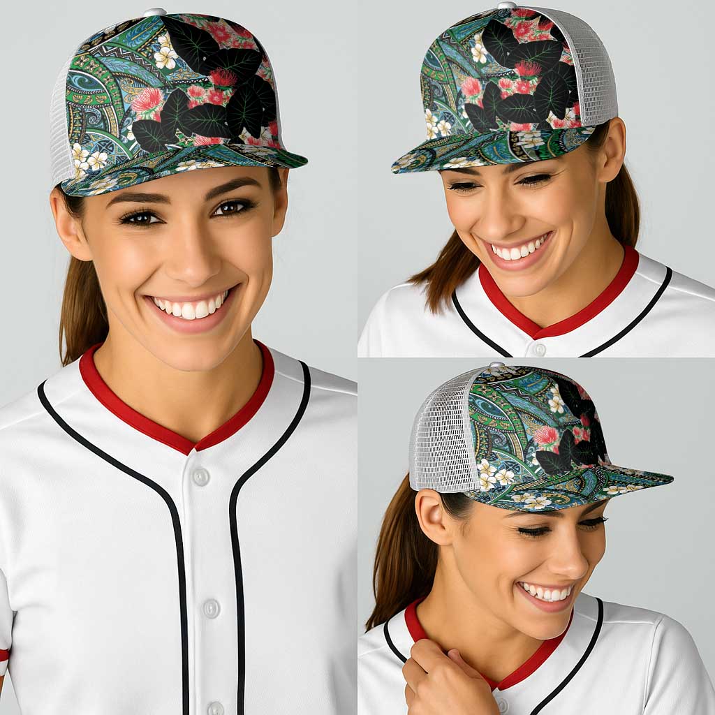 Hawaiian Taro Leaves and Ohia Lehua Baseball Net Cap Polynesian Tribal Art Tropical Plants Motifs Colorful LT03 - Polynesian Pride