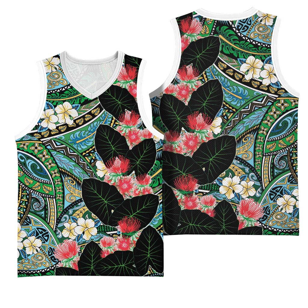 Hawaiian Taro Leaves and Ohia Lehua Basketball Jersey Polynesian Tribal Art Tropical Plants Motifs Colorful LT03 - Polynesian Pride