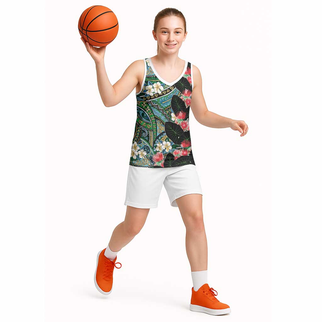 Hawaiian Taro Leaves and Ohia Lehua Basketball Jersey Polynesian Tribal Art Tropical Plants Motifs Colorful LT03 - Polynesian Pride