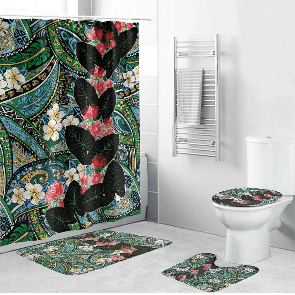 Hawaiian Taro Leaves and Ohia Lehua Bathroom Set Polynesian Tribal Art Tropical Plants Motifs Colorful LT03 Bathroom Set (4 pcs) Multicolor - Polynesian Pride