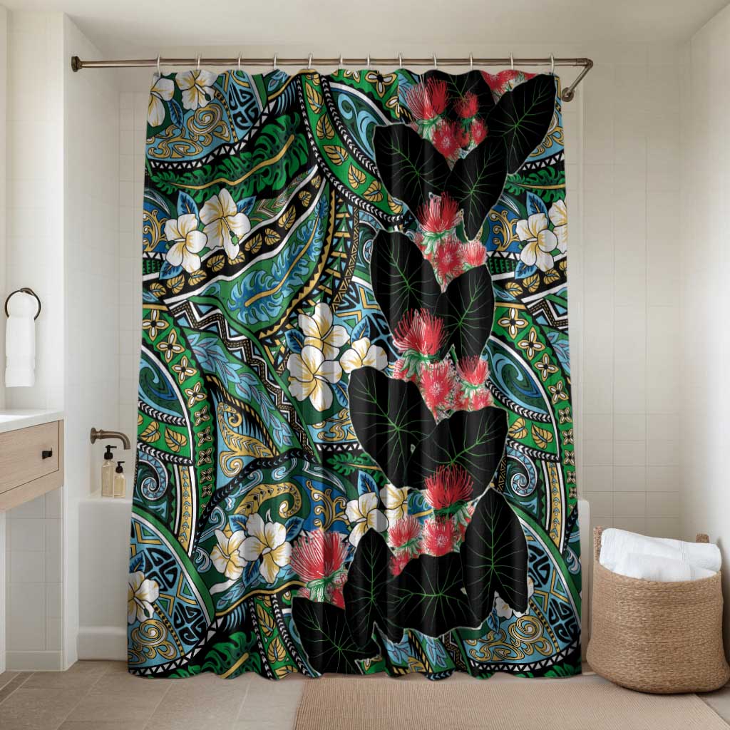 Hawaiian Taro Leaves and Ohia Lehua Bathroom Set Polynesian Tribal Art Tropical Plants Motifs Colorful LT03 Shower Curtain Only Multicolor - Polynesian Pride