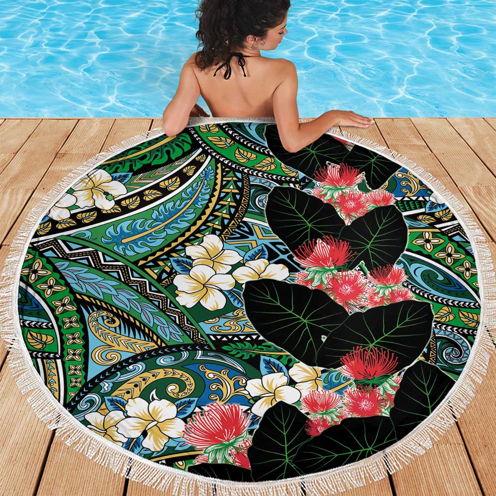 Hawaiian Taro Leaves and Ohia Lehua Beach Blanket Polynesian Tribal Art Tropical Plants Motifs Colorful LT03 - Polynesian Pride