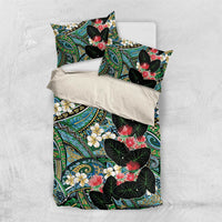 Hawaiian Taro Leaves and Ohia Lehua Bedding Set Polynesian Tribal Art Tropical Plants Motifs Colorful