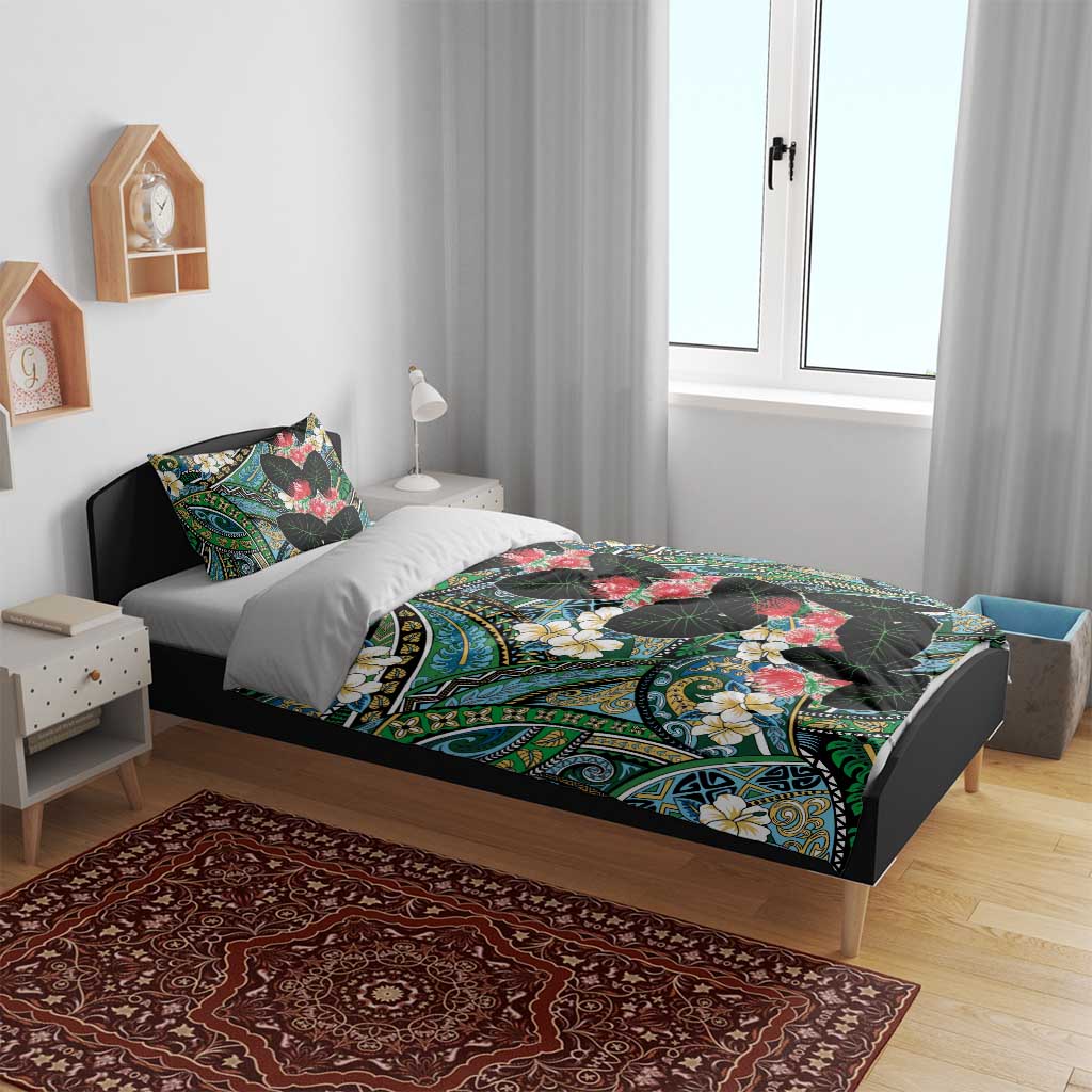 Hawaiian Taro Leaves and Ohia Lehua Bedding Set Polynesian Tribal Art Tropical Plants Motifs Colorful