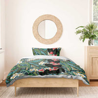 Hawaiian Taro Leaves and Ohia Lehua Bedding Set Polynesian Tribal Art Tropical Plants Motifs Colorful