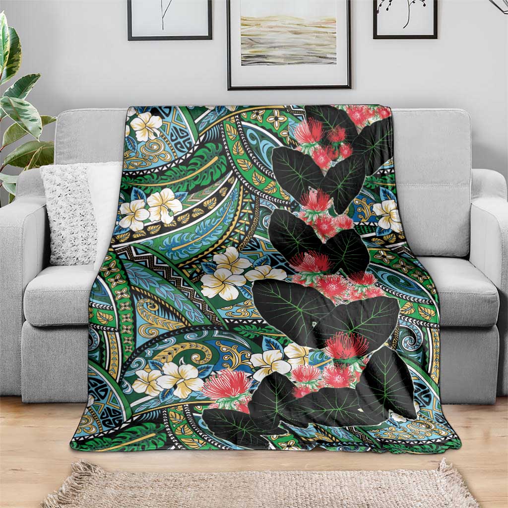 Hawaiian Taro Leaves and Ohia Lehua Blanket Polynesian Tribal Art Tropical Plants Motifs Colorful LT03 - Polynesian Pride