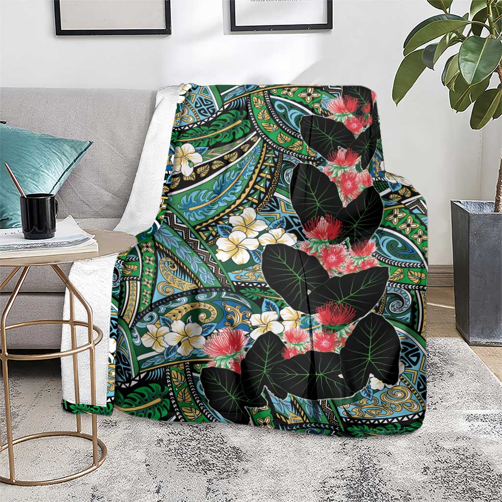 Hawaiian Taro Leaves and Ohia Lehua Blanket Polynesian Tribal Art Tropical Plants Motifs Colorful LT03 - Polynesian Pride