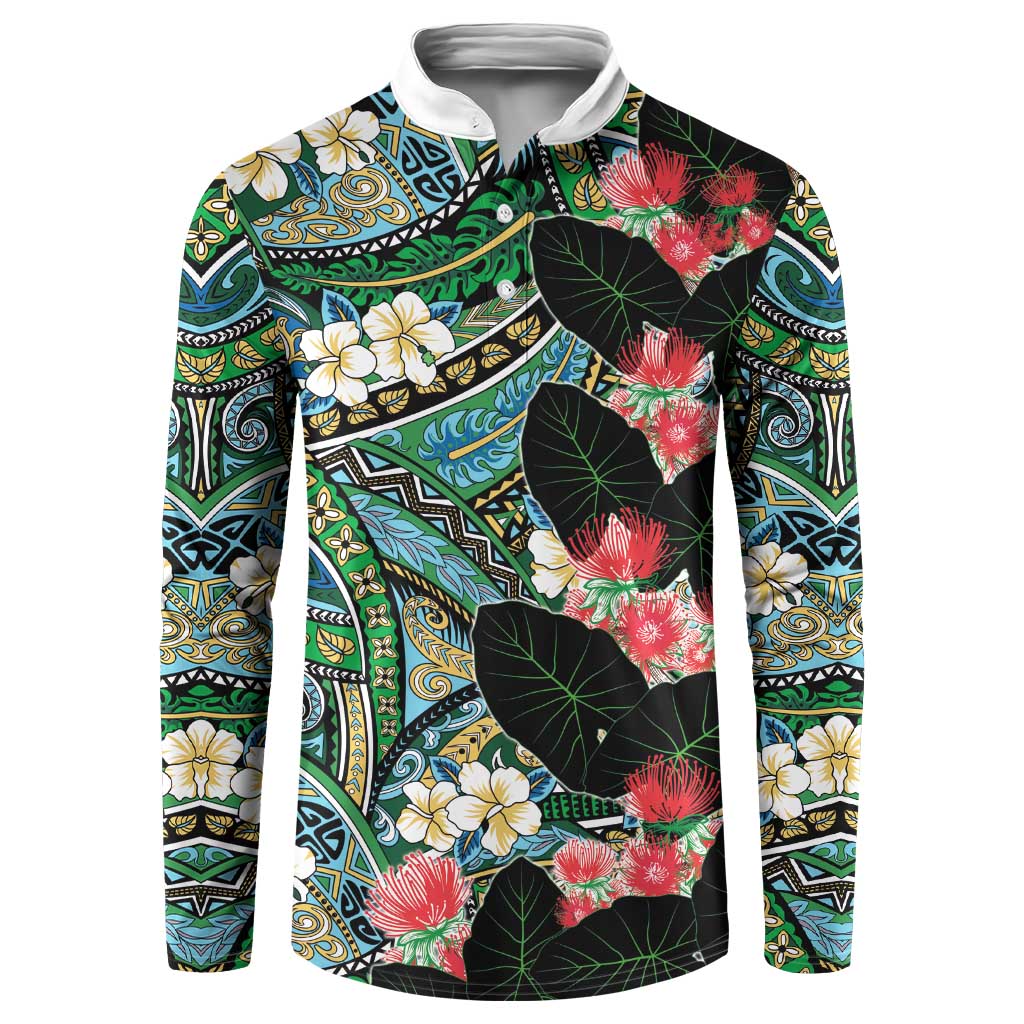 Hawaiian Taro Leaves and Ohia Lehua Button Sweatshirt Polynesian Tribal Art Tropical Plants Motifs Colorful LT03 Multicolor - Polynesian Pride