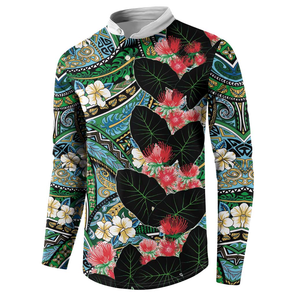 Hawaiian Taro Leaves and Ohia Lehua Button Sweatshirt Polynesian Tribal Art Tropical Plants Motifs Colorful LT03 - Polynesian Pride