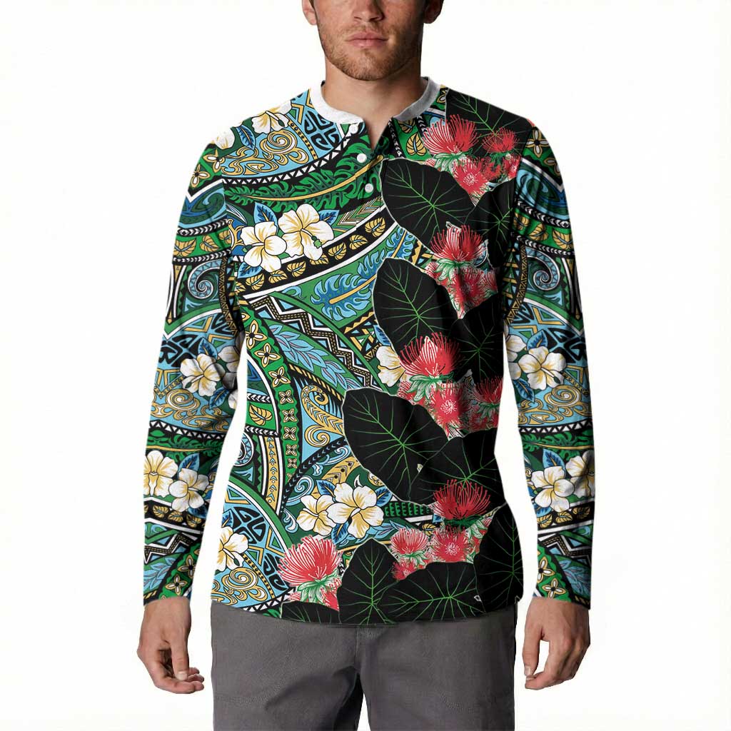 Hawaiian Taro Leaves and Ohia Lehua Button Sweatshirt Polynesian Tribal Art Tropical Plants Motifs Colorful LT03 - Polynesian Pride