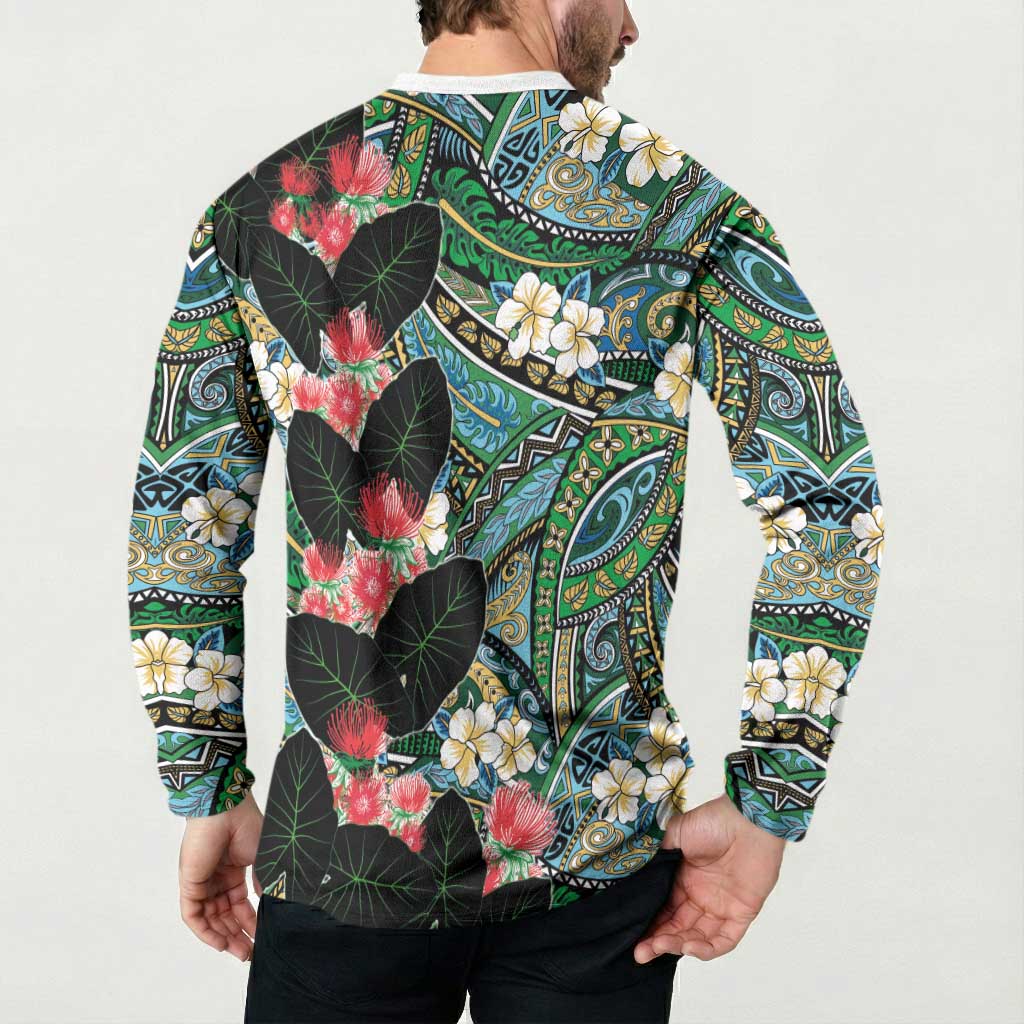 Hawaiian Taro Leaves and Ohia Lehua Button Sweatshirt Polynesian Tribal Art Tropical Plants Motifs Colorful LT03 - Polynesian Pride