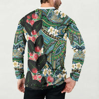 Hawaiian Taro Leaves and Ohia Lehua Button Sweatshirt Polynesian Tribal Art Tropical Plants Motifs Colorful LT03 - Polynesian Pride