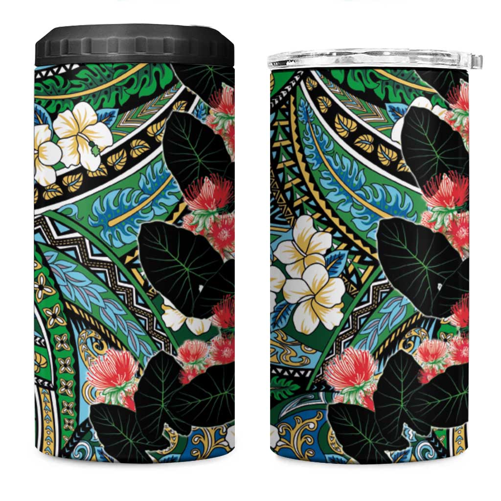 Hawaiian Taro Leaves and Ohia Lehua 4 in 1 Can Cooler Tumbler Polynesian Tribal Art Tropical Plants Motifs Colorful