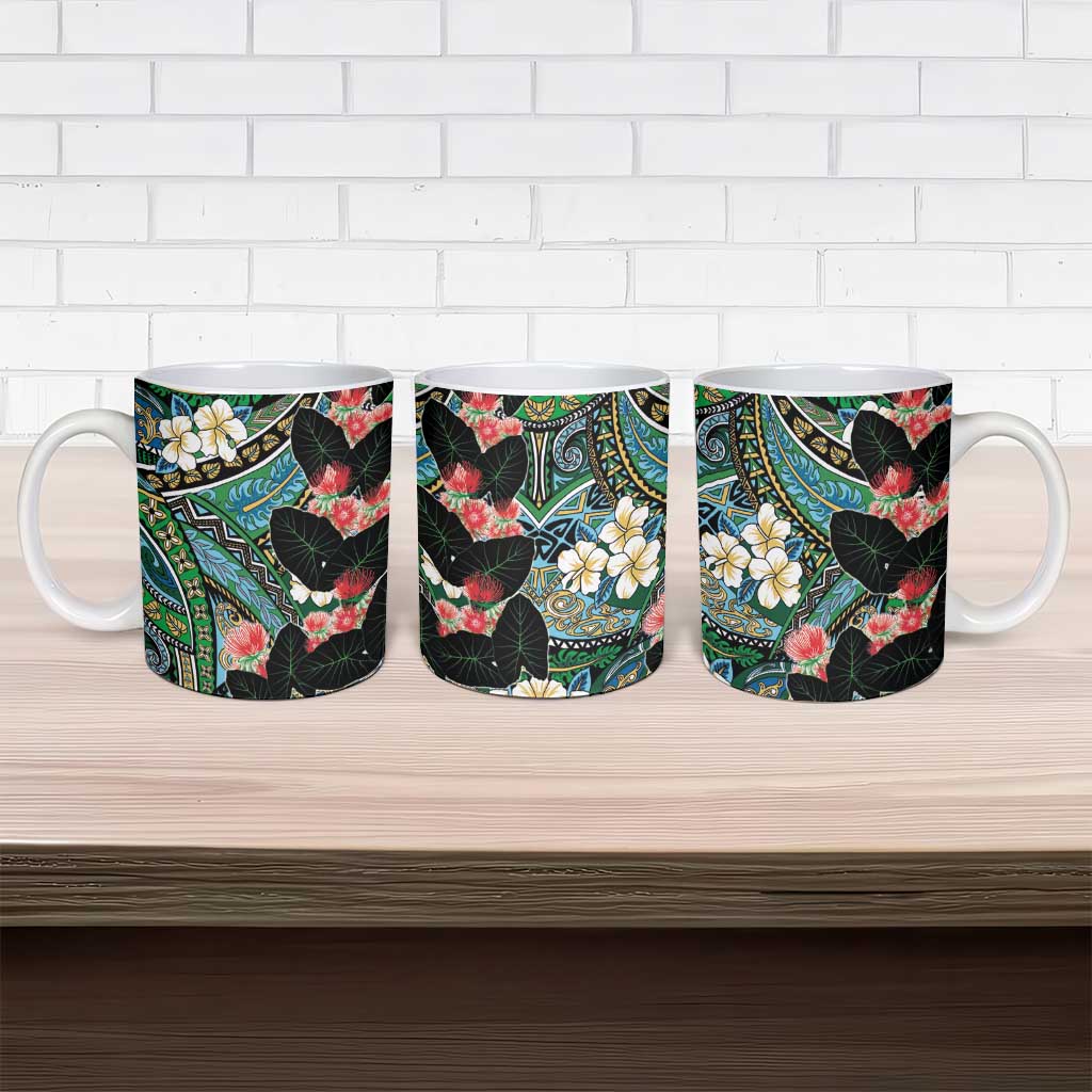 Hawaiian Taro Leaves and Ohia Lehua Ceramic Mug Polynesian Tribal Art Tropical Plants Motifs Colorful
