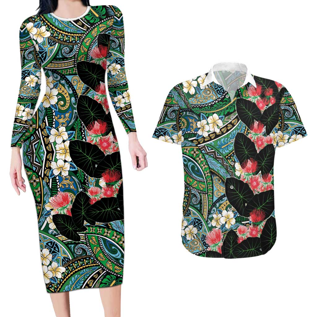 Hawaiian Taro Leaves and Ohia Lehua Couples Matching Long Sleeve Bodycon Dress and Hawaiian Shirt Polynesian Tribal Art Tropical Plants Motifs Colorful