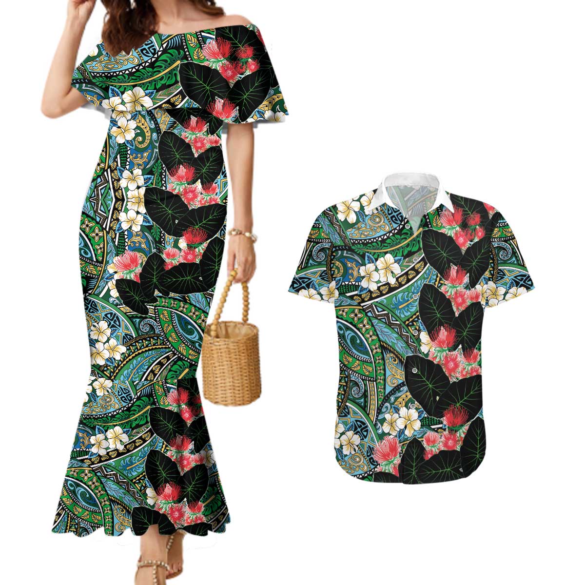 Hawaiian Taro Leaves and Ohia Lehua Couples Matching Mermaid Dress and Hawaiian Shirt Polynesian Tribal Art Tropical Plants Motifs Colorful