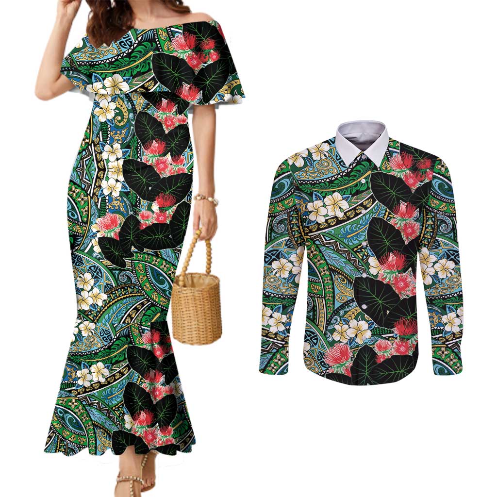 Hawaiian Taro Leaves and Ohia Lehua Couples Matching Mermaid Dress and Long Sleeve Button Shirt Polynesian Tribal Art Tropical Plants Motifs Colorful