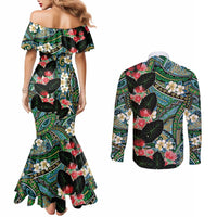 Hawaiian Taro Leaves and Ohia Lehua Couples Matching Mermaid Dress and Long Sleeve Button Shirt Polynesian Tribal Art Tropical Plants Motifs Colorful LT03 - Polynesian Pride