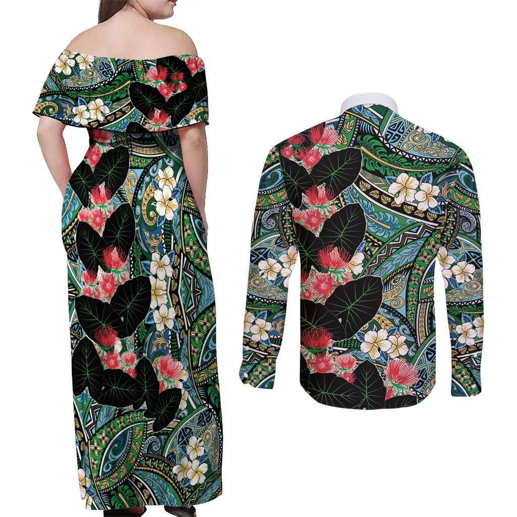 Hawaiian Taro Leaves and Ohia Lehua Couples Matching Off Shoulder Maxi Dress and Long Sleeve Button Shirt Polynesian Tribal Art Tropical Plants Motifs Colorful LT03 - Polynesian Pride