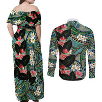 Hawaiian Taro Leaves and Ohia Lehua Couples Matching Off Shoulder Maxi Dress and Long Sleeve Button Shirt Polynesian Tribal Art Tropical Plants Motifs Colorful LT03 - Polynesian Pride