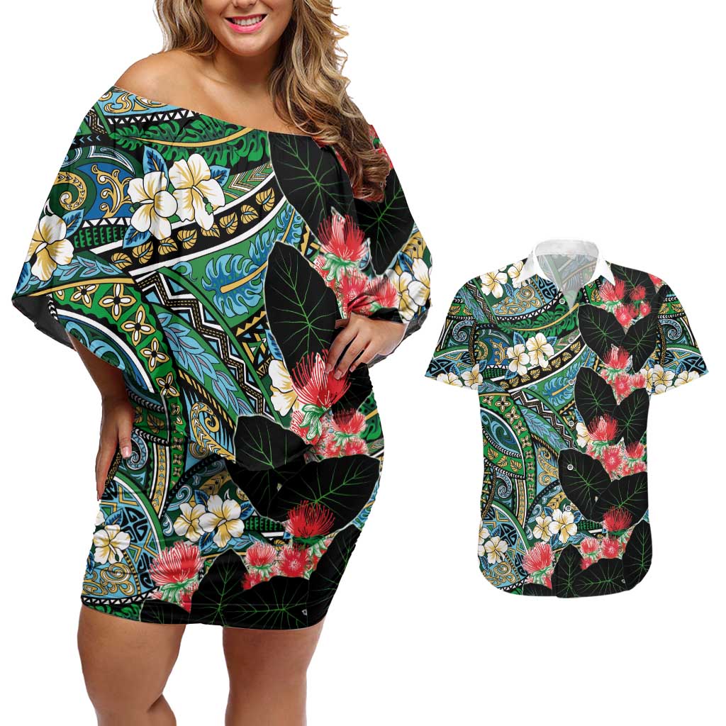Hawaiian Taro Leaves and Ohia Lehua Couples Matching Off Shoulder Short Dress and Hawaiian Shirt Polynesian Tribal Art Tropical Plants Motifs Colorful